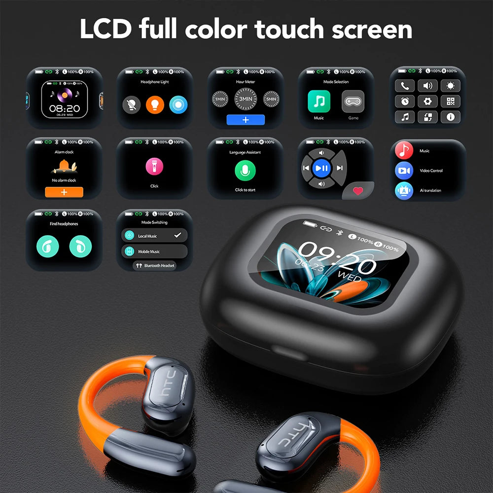 Auriculares Bluetooth HTC NE27 AI Translator Earbud Wireless LCD Touch Screen Open Ear Earphone With Mic HD Call Sport Headset