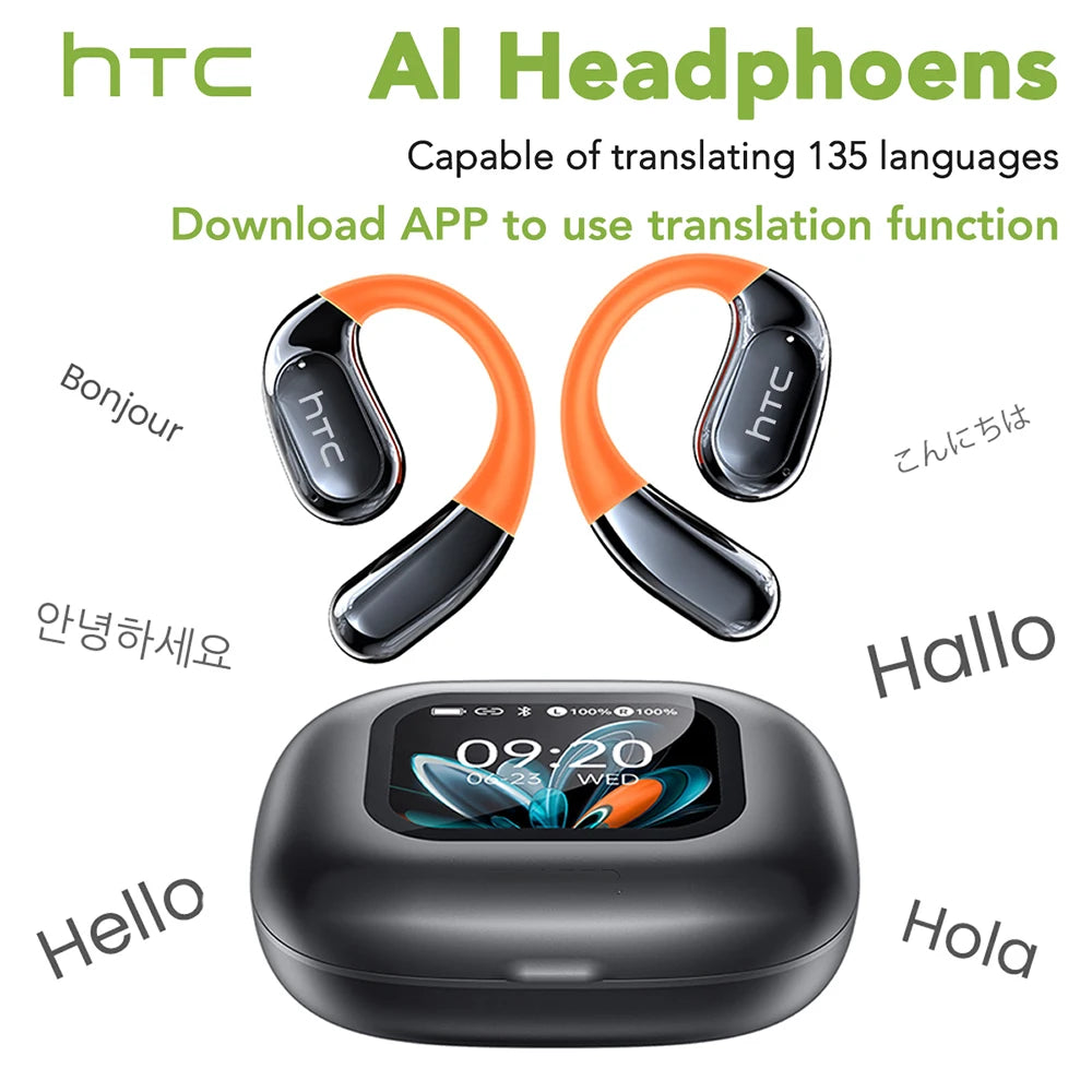 Auriculares Bluetooth HTC NE27 AI Translator Earbud Wireless LCD Touch Screen Open Ear Earphone With Mic HD Call Sport Headset
