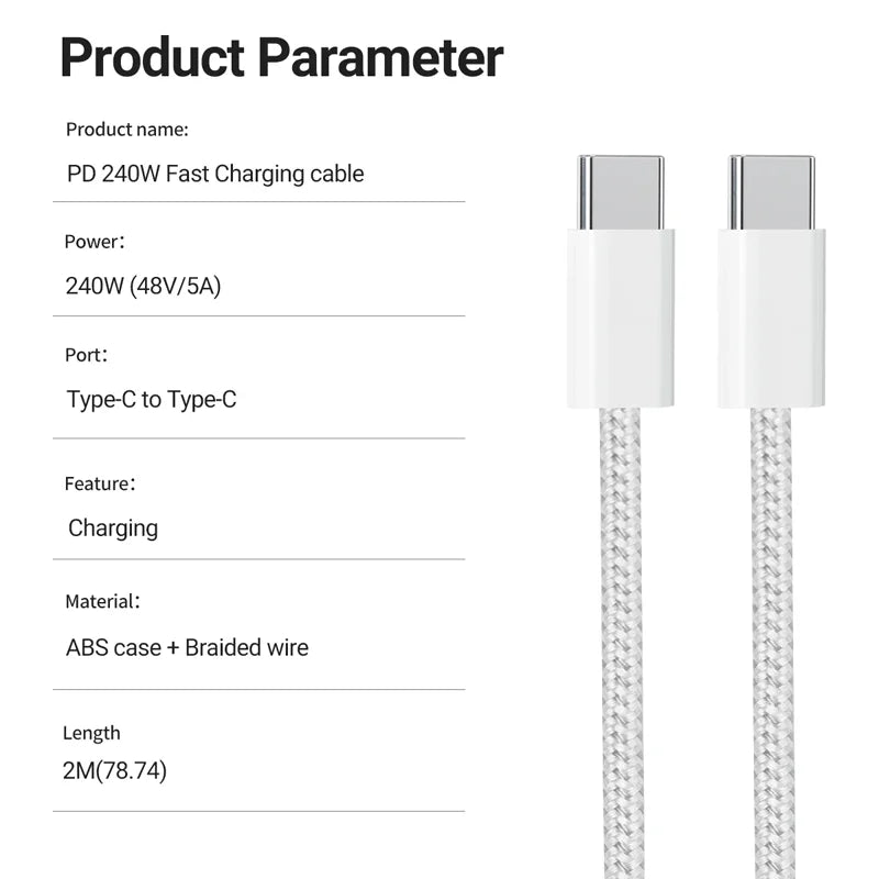 240W USB C to C Charger Cable Type C Fast Charging Braided PD Cable for lPhone 15 16 17E 17 Max lPad Air MacBook Pro ASUS DELL