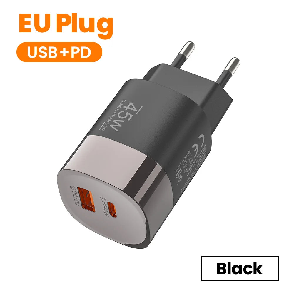 Elough 45W USB Type C Phone Charger Super Fast Charge 2 Port Wall Charger USB PD Adapter For iPhone Realme Huawei USB C cargador