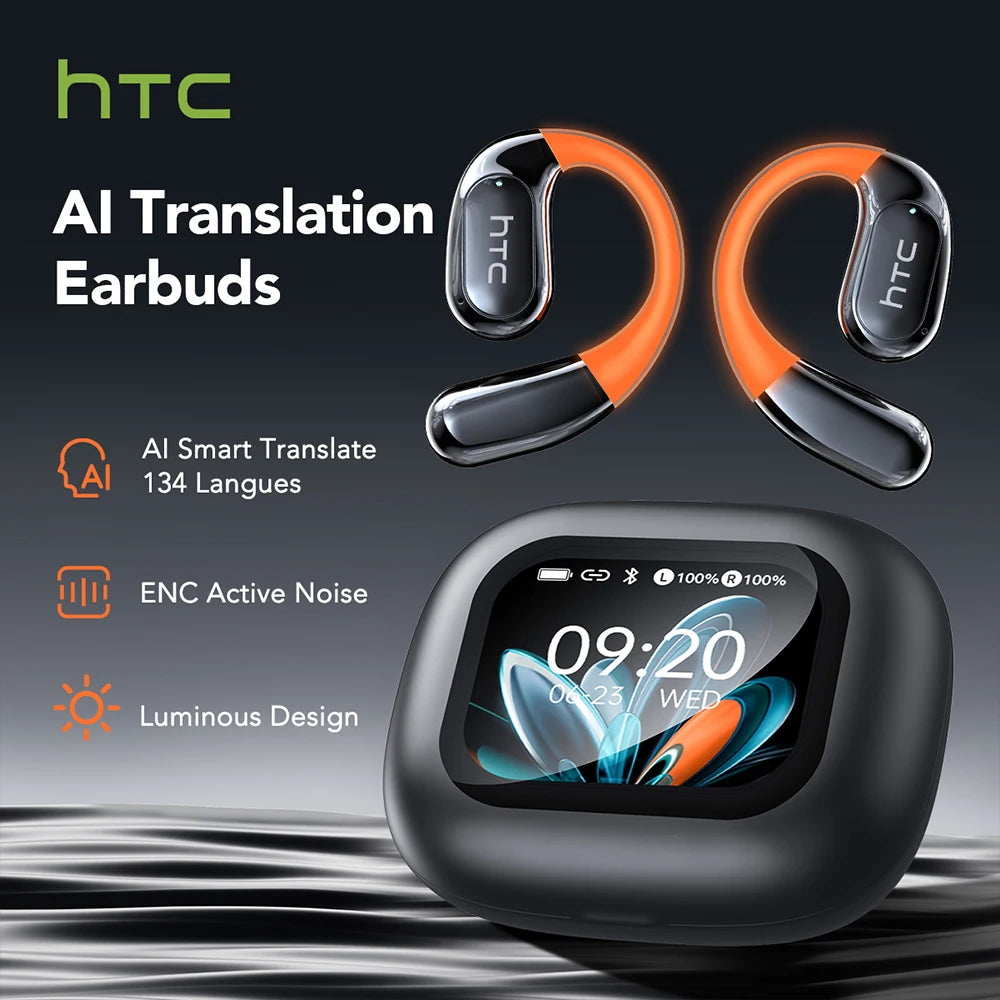 Auriculares Bluetooth HTC NE27 AI Translator Earbud Wireless LCD Touch Screen Open Ear Earphone With Mic HD Call Sport Headset