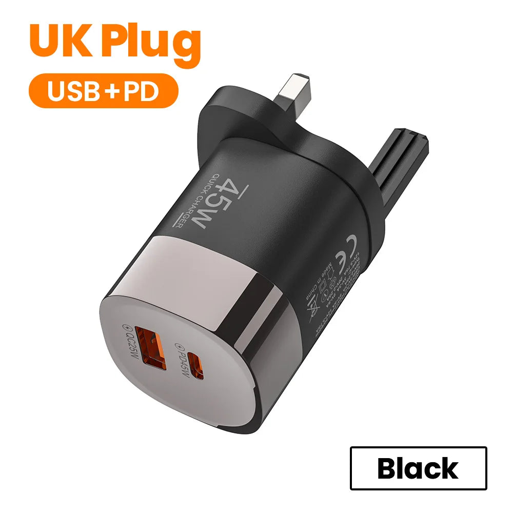 Elough 45W USB Type C Phone Charger Super Fast Charge 2 Port Wall Charger USB PD Adapter For iPhone Realme Huawei USB C cargador